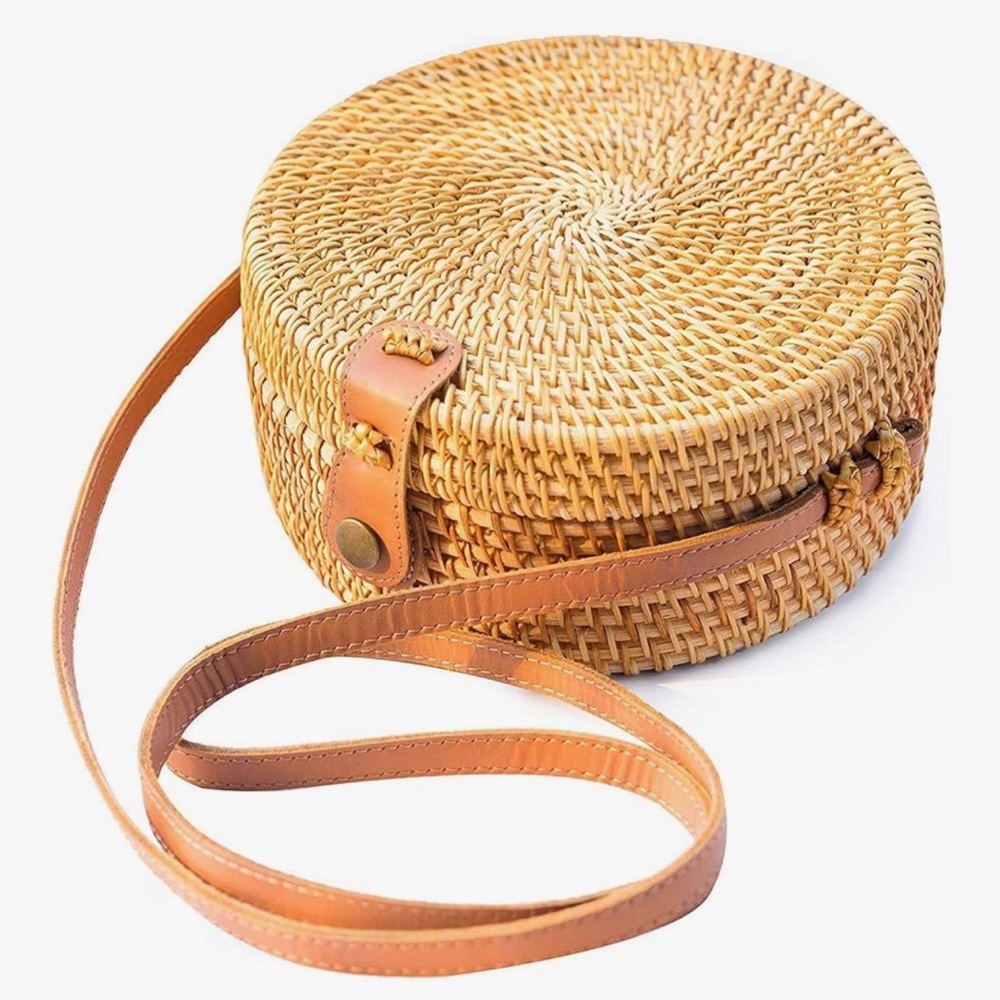 Handwoven Round Rattan Crossbody Bag with Tan Leather Strap Boho Travel Purse